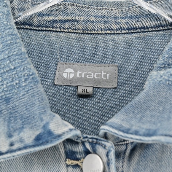 Tractr Womens Jean Jacket Size XL Pink Sequin Tongue Button Rolling Blue Stones - Picture 7 of 13